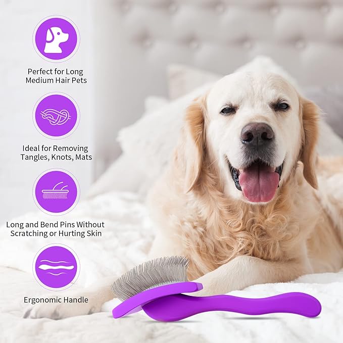 Dog Slicker Brush for Shedding and Grooming Medium or Long Haired Cats, Extra Long & Soft Pin Slicker Brush for Removes Loose Hair, Tangles, Knots, Undercoat, Free Pet Comb, Large Purple-PawvioPets