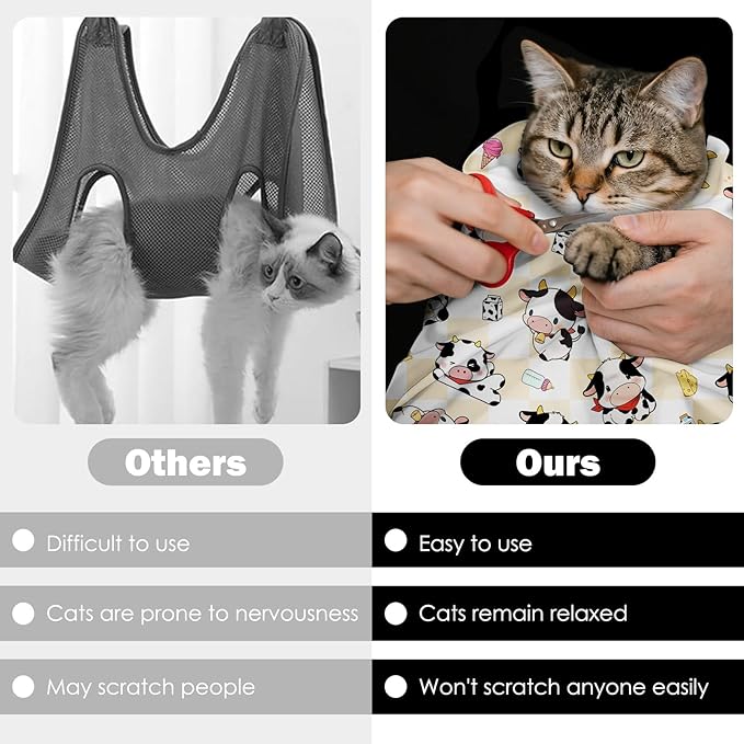 27.6" Cat Grooming Wrap, Self Adhesive Cat Wrap for Cutting Nails, Anti-Escape Calming Cat Swaddle Wrap for Medicine Ear Cleaning, Cartoon Cow Anti-Scratch Cats Burrito Restraint Blanket, Pet Tool-PawvioPets