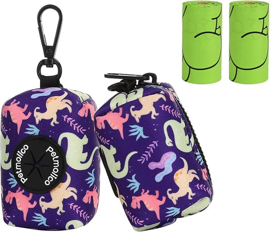 Attachment,Waste Bag Dispenser Zippered Pouch, Fits Any Leash, Includes Free Roll of Dog Bags, Poop Bag Dispenser - 2 Packs, Little Dinosaurs-PawvioPets