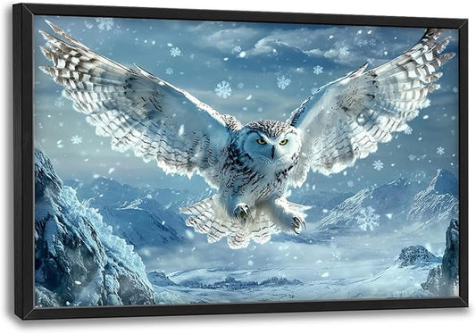 Framed Large Snowy Owl Wall Art for Living Room, Oversized Snowy Mountain Wall Decor Landscape Canvas Painting Modern Artwork Home Decoration for Living Room Bedroom Office 36"x24"-PawvioPets