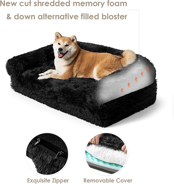 EHEYCIGA Foldable XXL Dog Bed, Faux Fur Fluffy Pet Couch Bed for Extra Large Dogs, Orthopedic Calming Memory Foam Big Pet Bed, Washable Soft Pet Sofa Bed with Non-Slip Bottom, Black, 54"x38"x7.5"-PawvioPets
