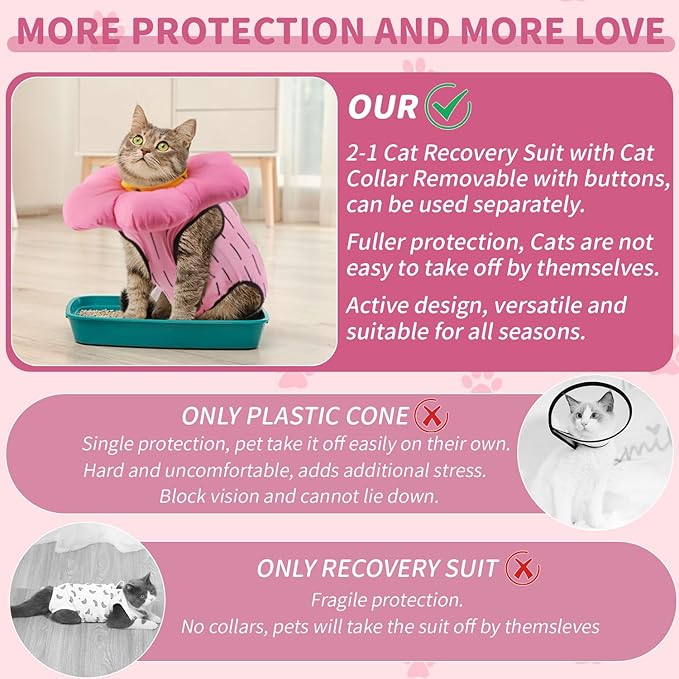 EMUST 2PCS Cat Recovery Suit and Cone Collar - Female, Breathable Cotton, Adjustable Soft E Collar Alternative for Cats 8-16lb (Pink, L)-PawvioPets