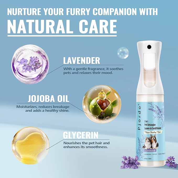 Dog Detangler Grooming Spray 10 Fl Oz, Leave in Pet Conditioner for Hair Dematting, Dry Skin & Pet Fur Shedding, Deodorization & Itch Relief & Reduces Tangles, Suitable for All Coat Types-PawvioPets