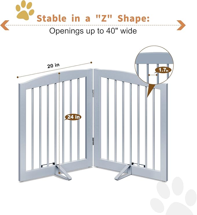 Freestanding Pet Gate for Dogs, Foldable Wooden Dog Gate for House, Indoor Pet Barrier for Stairs, Doorways, Support Feet Included, 24" Height 2 Panels, Grey-PawvioPets
