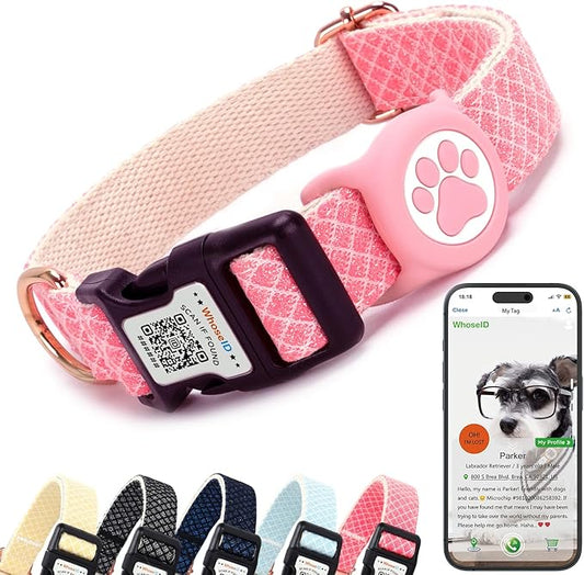 Dog Collar with Waterproof AirTag Holder & Anti-Lost QR Code, Cute Bling Warpping Adjustable Width for Small Medium Large Pet (Red, M)-PawvioPets