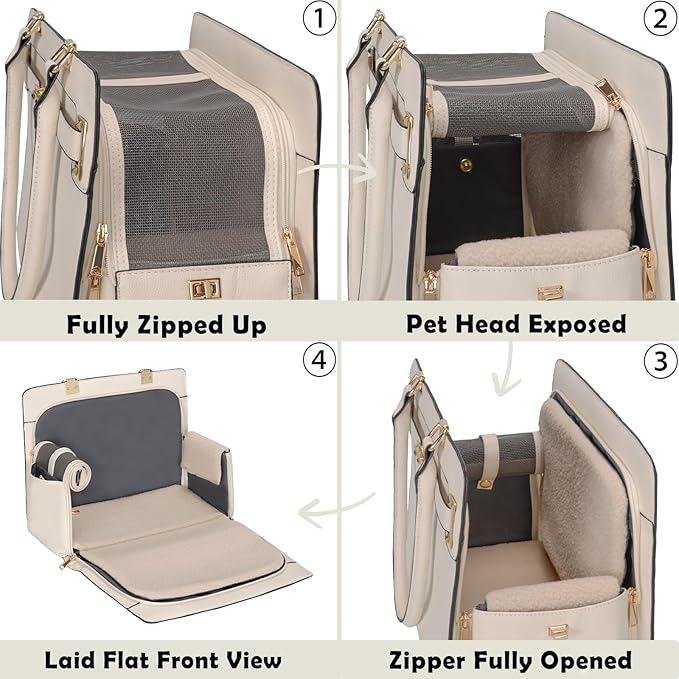 2-in-1 Stylish Dog Purse Carrier Soft-Sided Carriers Travel Tote Bag for Small Dogs Cats, Fashion Foldable Pet Bag for Puppies Small Animals with Pockets (White, 15" L x 7.5" W x 12.2" H)-PawvioPets