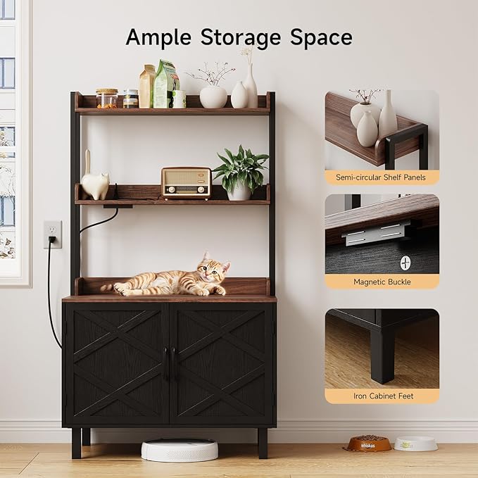 55 Inches Cat Litter Box Enclosure, Hidden Litter Box Furniture with 2 Storage Shelves and Charging Sockets, Wooden Cat House, Large Indoor Cabinet for Living Room & Entryway, Black-PawvioPets