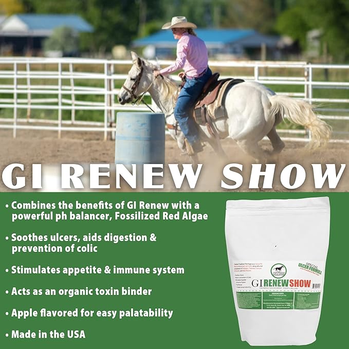 GI Renew Show, Probiotics for Equine, Immune and Appetite Stimulation, Prebiotics, Digestive Enzymes | Horse Supplement Providing Ulcer Relief and Treatment, Organic Toxin Binder, 6 LB Bag-PawvioPets