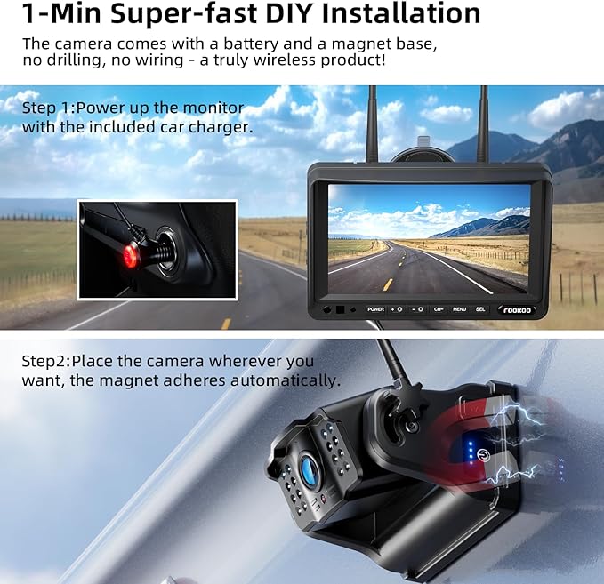 Fookoo HD Magnetic Wireless Backup Camera, 1080P 7" Dual Split Monitor & Rechargeable Rear View Cameras, Lower Consumption 1-Min Installation No Drilling Recording for RV Trailer Truck Camper DCX702-PawvioPets