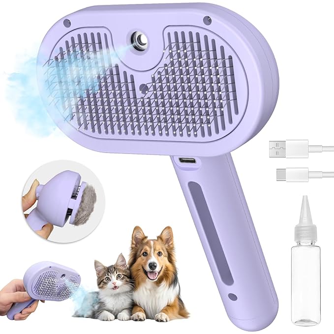 3-in-1 Self-Cleaning Brush for Shedding Dogs and Cats - Removes Static, Tangles, and Loose Hair (Purple)-PawvioPets