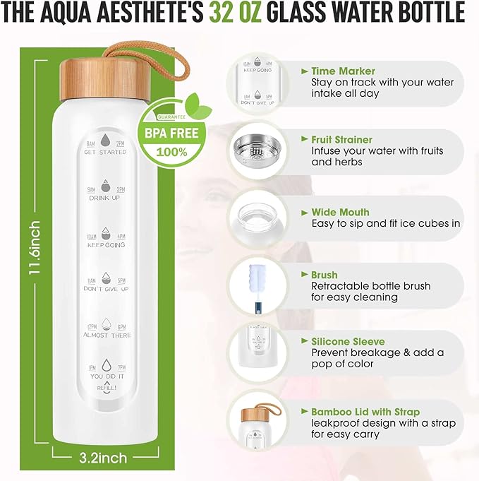 Aqulea Glass Water Bottles 32 Oz with Silicone Sleeve - BPA Free Reusable Wide Mouth Glass Motivational Water Bottles with Fruit Infuser – Leak Proof Borosilicate Water Bottle with Time Marker (White)-PawvioPets