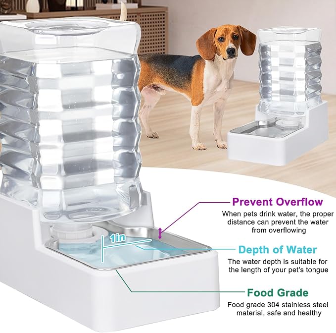Automatic Dog and Cat Dispenser: 8L White Gravity Feeder with Stainless Steel Bowl - BPA-Free - No Spill Design for Cats and Dogs - Indoor and Outdoor Hydration-PawvioPets