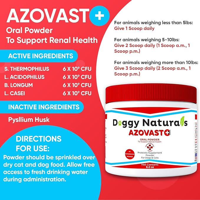 Azovast Plus Kidney Health Supplement for Dogs & Cats, Oral Powder (6 Oz) - (120 Doses/Jar) NO Refrigeration Required - Help Support Kidney Function & Manage Renal Toxins (Made in U.S.A) (6 Oz)-PawvioPets