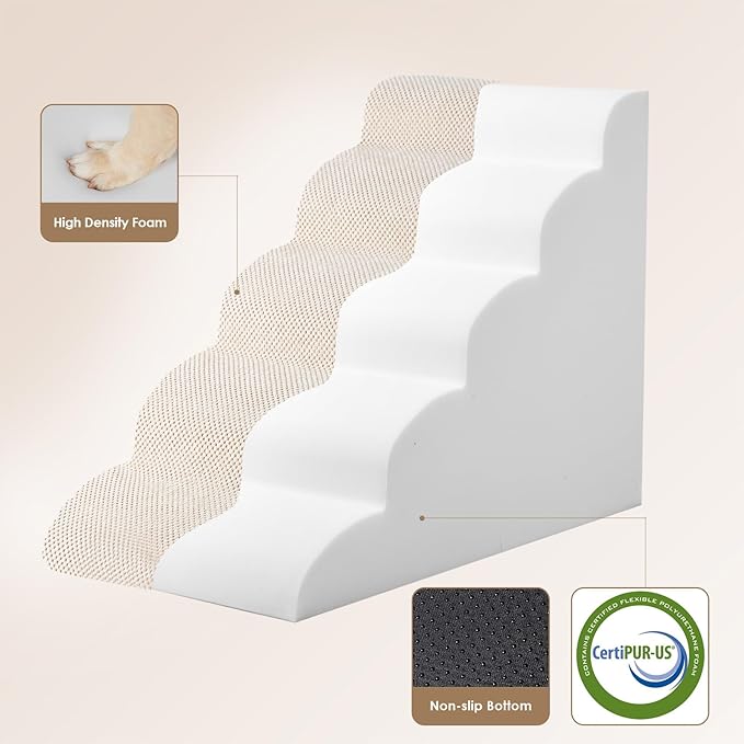 EHEYCIGA Curved Dog Stairs Ramp for High Beds 22.6" H, 5-Step Dog Steps for Small Dogs and Cats, Pet Stairs for High Bed Climbing, Non-Slip Balanced Pet Step Indoor, Beige-PawvioPets