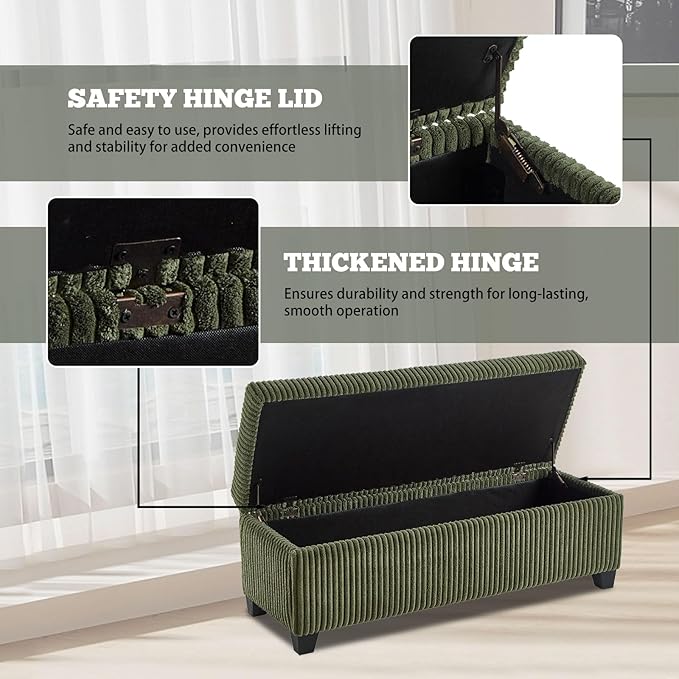 48" Green Ottoman with Storage, Corduroy Storage Ottoman Bench for Bedroom, End of Bed Bench with Safety Hinge for Living Room, Entryway-PawvioPets