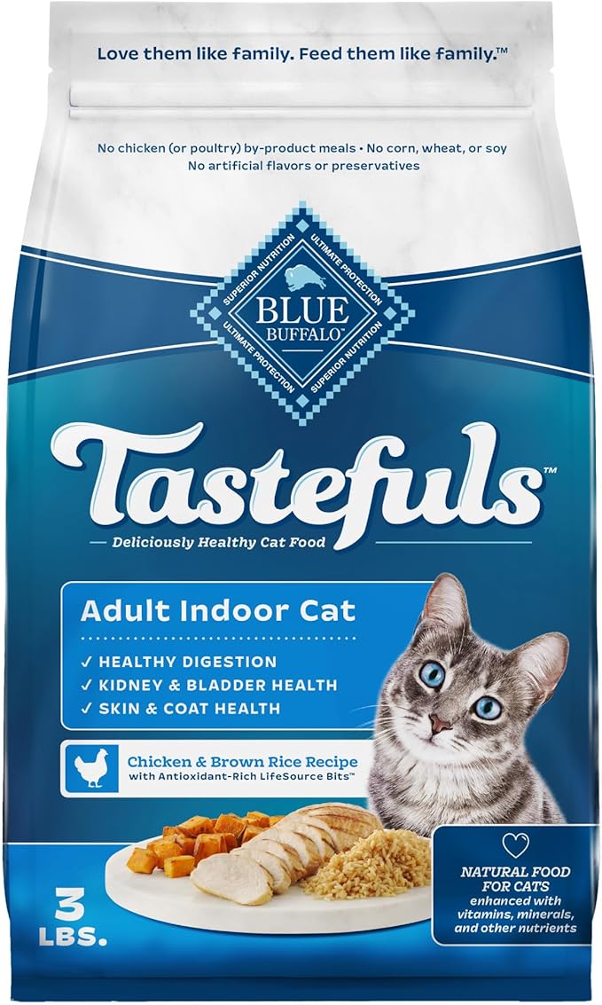 Blue Buffalo Tastefuls Adult Dry Cat Food Indoor Cat Formula, Made in the USA with Natural Ingredients, Chicken & Brown Rice Recipe, 3-lb. Bag-PawvioPets