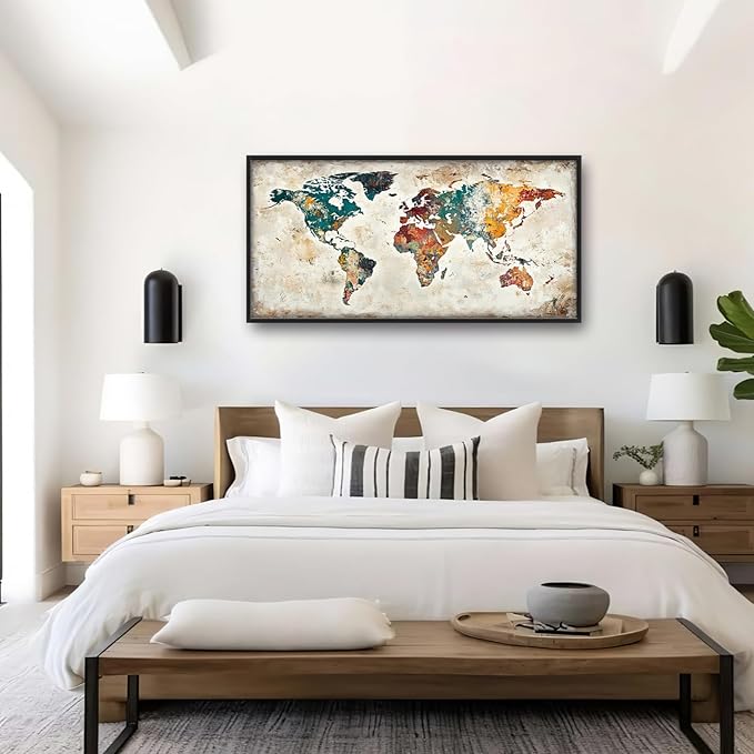 Extra Large Framed World Map Wall Art,Oversized Colorful Vintage Nautical Map Wall Decor Pictures for Living Room,Canvas Print Painting Modern Artwork Office Bedroom Home Decor 60L x30W-PawvioPets