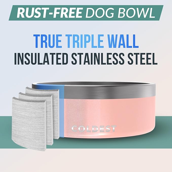 Coldest Dog Bowl - Anti Rust Metal, Non Slip, 3 Layers Insulated Stainless Steel Dog Bowls - Spill Proof & Heavy Duty - Water Bowl for Dogs, Cats & Pets, Dish Washer Safe (64 oz, Forever Pink Glitter)-PawvioPets