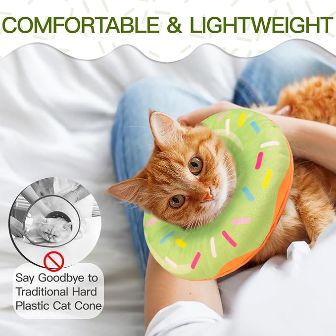 Cat Cone Collar Soft, Cute Cat Donut Collar After Surgery, Adjustable Kitten Recovery Cones to Stop Licking, Lightweight Neck Elizabethan Collars for Cats Kittens (Green, Medium)-PawvioPets