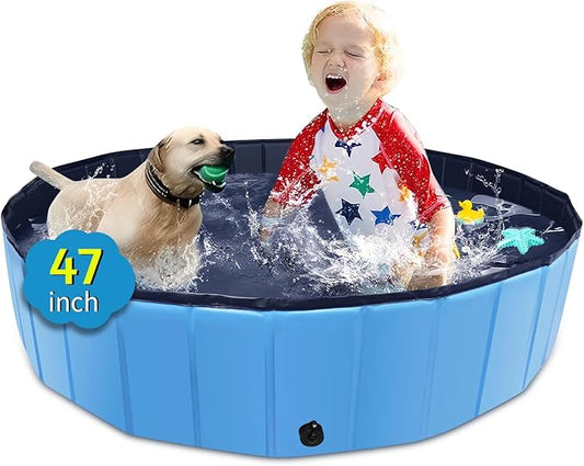 Foldable Dog Pool, 47" x 12" Kiddie Pool with Hard Plastic, Non-Slip Dog Bath Tub for Outdoor Backyard, Collapsible Dog Swimming Pool for Kids Dogs Pets (Blue)-PawvioPets