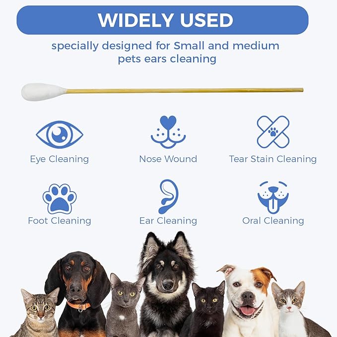 GOLD HONEY 6 Inch Large Cotton Swabs, 100PCS Dog Ear Swabs with Bamboo Handle for Dogs, Pet-Specific, Gentle Design, Lint-Free, Canine Cotton Stick Ear Cleaning-PawvioPets