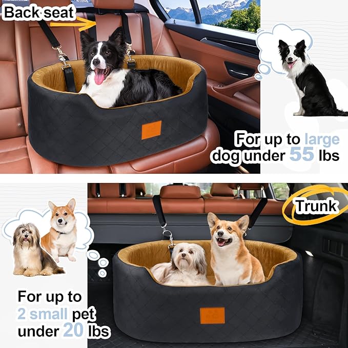 Dog Car Seat for Medium & Large Dogs up to 55 lbs, Elevated Booster Seat with Anti-Slip Base, Detachable & Machine-Washable Pet Car Bed for SUV/Sedan (Black/Brown)-PawvioPets