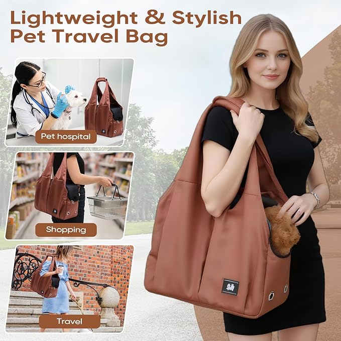 Dog Purse Carrier for Small Dogs, Cats, and Puppies – Soft-Sided Travel Pet Tote Bag with 4 Large Pockets, Foldable, Lightweight, Fits Pets up to 15 lbs, for Travel, Outings (Brown)-PawvioPets