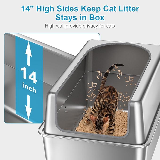 14'' High Sides XXL All Stainless Steel Cat Litter Box with Lid,XL Deep Metal Litter Box for Big Cats,Extra Large Litter Boxes with High Wall Enclosure,Anti-Leakage,Never Absorbs Odors,Non-Sticky-PawvioPets