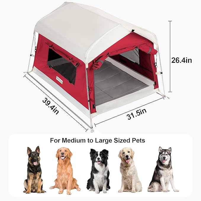 Dog Tent Cotton Fabric, Aluminum Poles and Camping Mat, Outdoor Weatherproof, Dog House Outdoor, Breathable with 2 Side Windows, Portable and Collapsible (Red, Large)-PawvioPets