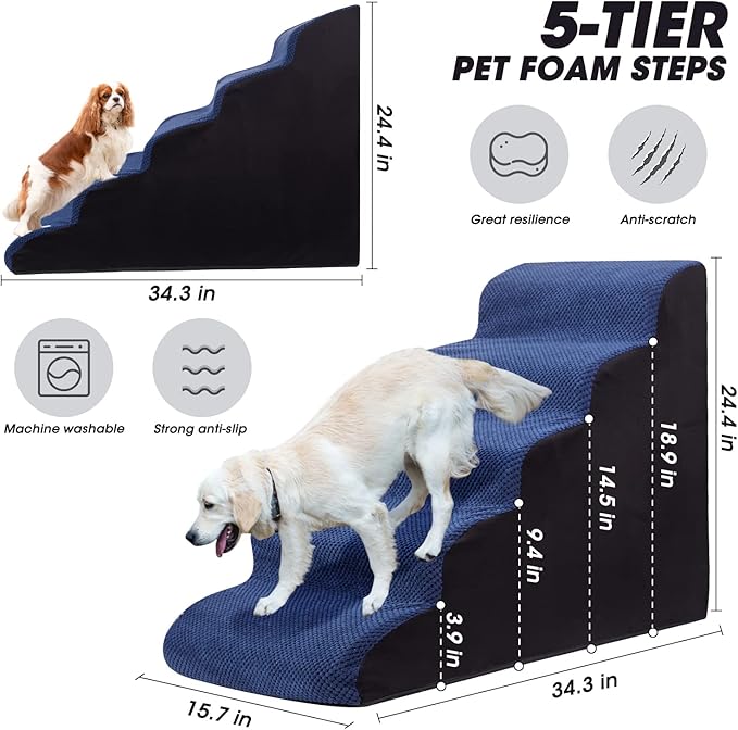 Dog Stairs&Steps for High Beds Up to 28'', 5-Step Dog Ramp for Small Medium Dogs with Washable Cover, Pet Steps for Cats to Get on Couch and Sofa, Durable Foam Ladders, 24.4" Tall, Blue-PawvioPets