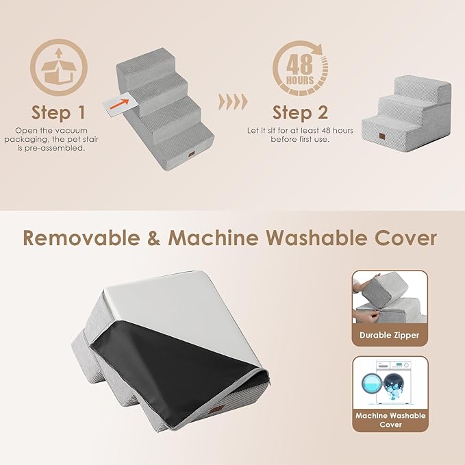 EHEYCIGA Dog Stairs for Small Dogs 13.5" H, 3-Step Dog Steps for Couch Sofa and Chair, Pet Steps for Medium Cats, Non-Slip Balanced Pet Ramp Indoor, Light Grey-PawvioPets