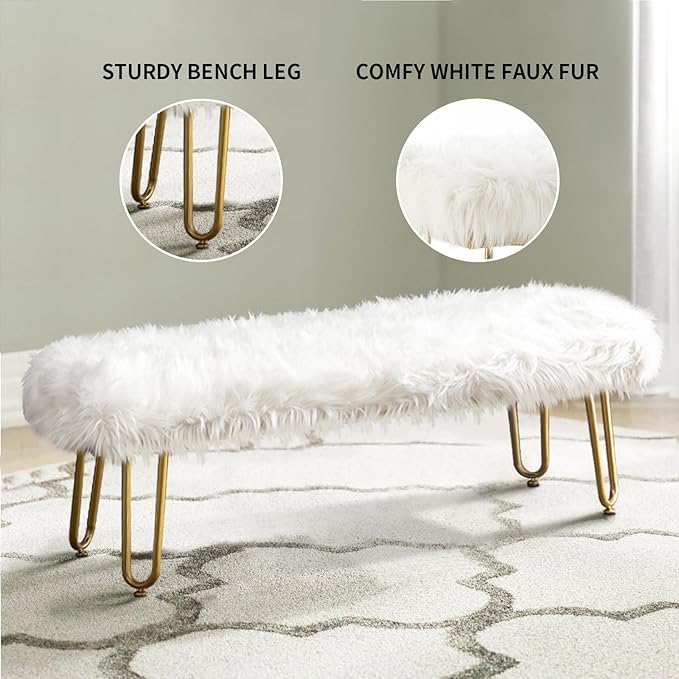 42.5Inch White Bedroom Bench, Benches for Bedroom White Faux Fur Upholstered Bed end Bench, Tufting Bench Indoor Bench with Metal Legs for Living Room Bedroom Dining Room Entryway-PawvioPets