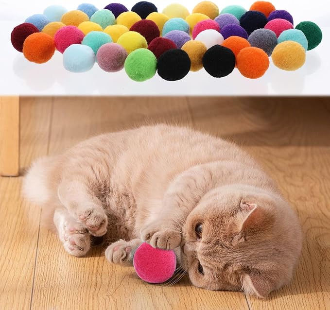 50PCS 1 Inch Cat Toys Balls Kitten Cat Pom Pom Balls Soft Cat Puff Ball Toys Rolling Interactive Cat Toy Ball Cat Nip Balls Fuzzy Balls for Cats Creative Crafts Decorations Assorted Color-PawvioPets