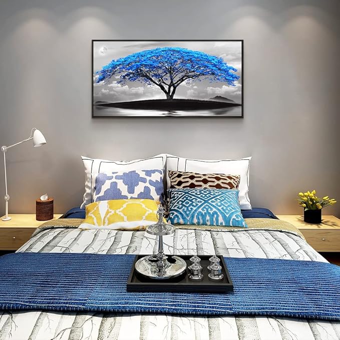 Framed Canvas Wall Art For Living Room Large Size Office Wall Decor Bedroom Decor Wall Pictures Artwork Black And White Landscape Blue Tree Moon Wall Painting Home Decorations Black Frame 20" X 40"-PawvioPets