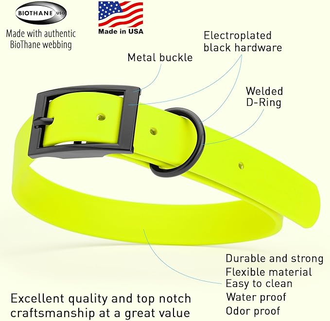 Dogline Biothane Waterproof Dog Collar Strong Coated Nylon Webbing with Black Hardware Odor- Proof for Easy Care Easy to Clean High Performance Fits Small Medium or Large Dogs, Safety Yellow-PawvioPets