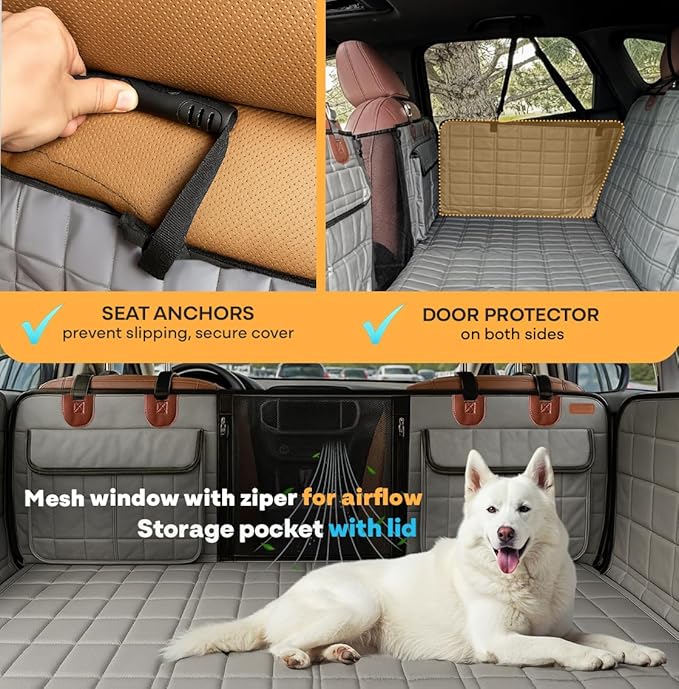APetsPlanet Dog Car Seat Cover for Back Seat Hard Bottom - Waterproof Backseat Extender for Dogs - Pet Hammock Bed for Car, Truck, SUV with Mesh Window & Storage - Gray Leather, with Door Covers-PawvioPets