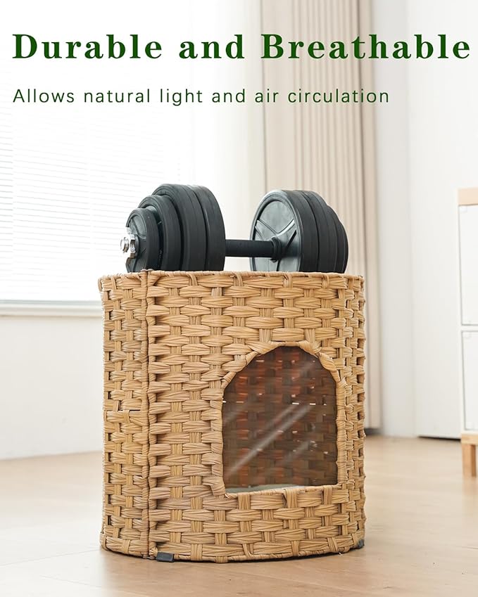 Cat House for Indoor Cat, Large Double Cat Houses Cat Bed Cave, Handwoven Rattan Pet Beds with One Soft Pad, 17 x 17 x 17 Inches Foldable Kitten Hideaway in Living Room Natural-PawvioPets
