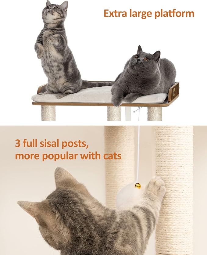 FourFurPets 26.7in Large Cat Tree Tower Condo, Cat Scratch Posts for Indoor Cats, Big Plate, Three 23.6in Full Sisal Scratching Posts, Rustic Brown-PawvioPets