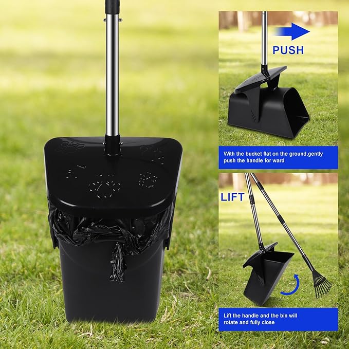 Dog Pooper Scooper with 20 Bag Attachment Long Handle Swivel Bin, Rake Heavy Duty Pooper Scooper for Large Medium Dogs Easy to Clean Poop Scooper for Yard, Grass, Gravel-PawvioPets