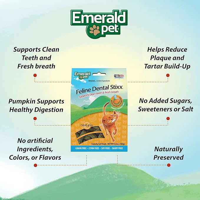 Emerald Pet Feline Dental Stixx — Tasty and Crunchy Cat Dental Sticks with Pumpkin for Digestive Health — Natural Grain Free Dental Treats for Clean Cat Teeth and Fresh Breath — Chicken Stixx, 3.6 oz-PawvioPets