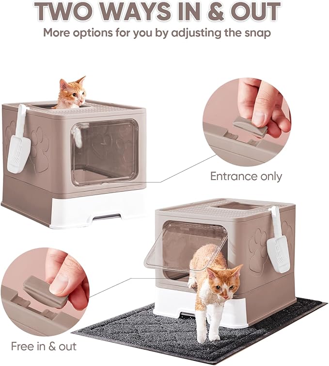 Cat Litter Box with X-Large Litter Mat and Scoop, Large Foldable Litter Box with Lid, Enclosed Kitty Box,Front Top Entry Exit, Odor Control Easy to Clean (Upgrade Coffee)-PawvioPets