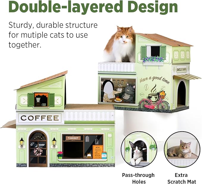 Cat Beds for Indoor Cats, Cardboard Cat House with Scratchers, Coffee Shop, Large Sturdy Cat Furniture Condo Cave Tent, Easy to Assemble Pet Toys Accessories Stuffs, Bunny Small Animals-PawvioPets