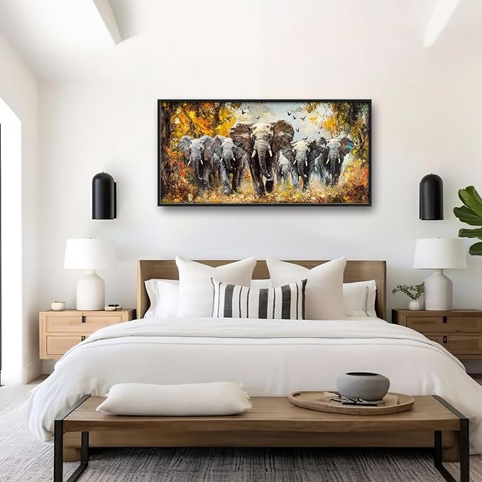 Extra Large Elephant Framed Wall Art for Living Room,Oversized Elephants Wild Animal Pictures Wall Decor,Forest Landscape Canvas Print Painting Modern Artwork Bedroom Office Bathroom 60L" x 30W"-PawvioPets