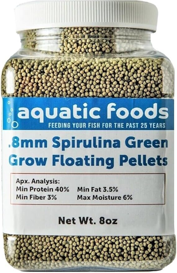 Aquatic Foods Inc. Spirulina Micro .8mm Floating Pellets for African Cichlids, Discus, Guppies, Tetras, Live Bearers, Baby Cichlids, Baby Koi, All Tropical and Pond Fish...8oz Jar-PawvioPets