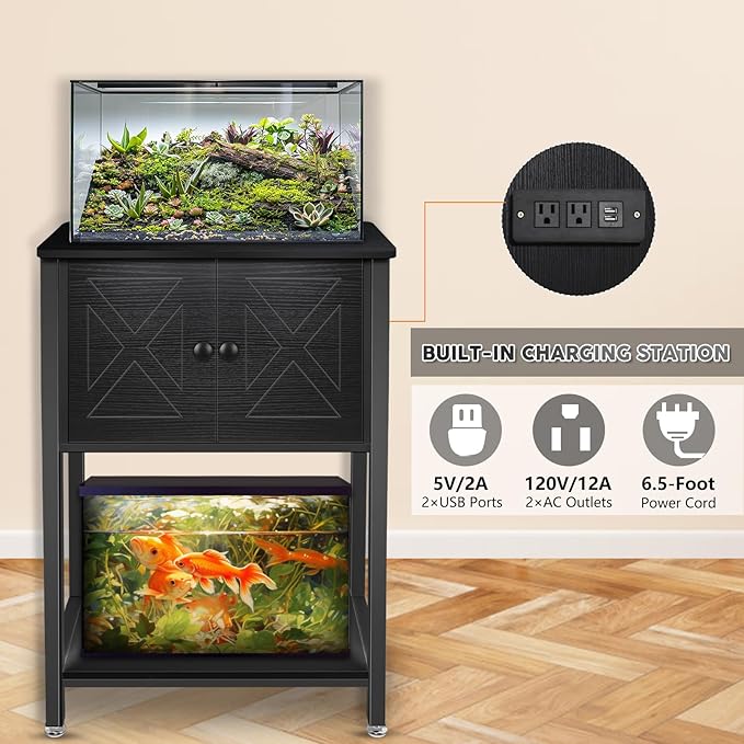 5-10 Gallon Fish Tank Stand, Heavy Duty Aquarium Stand with Cabinet & Power Outlets for Fish Tank Accessories Storage, Double Tank Stand 20.5" L* 11" W Tabletop, 220LBS Capacity Black-PawvioPets