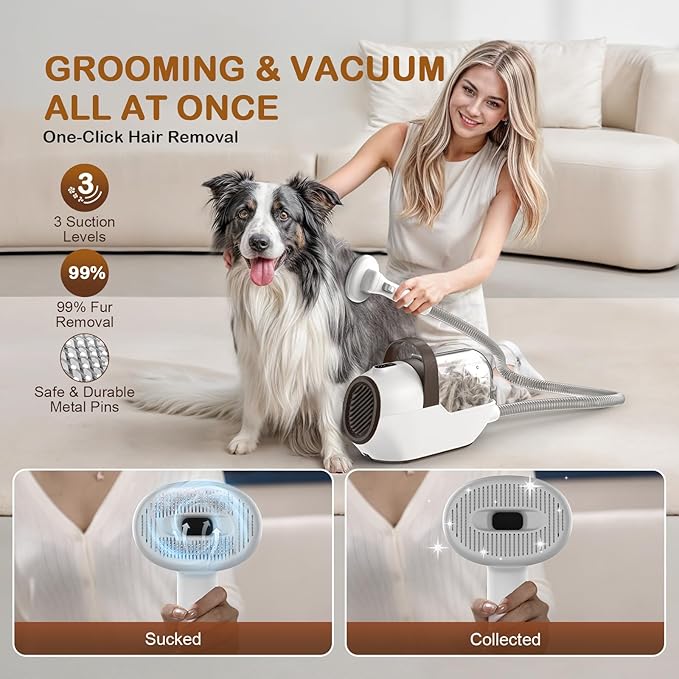 Dog Grooming Vacuum, Dog Grooming Kit with Pet Clipper Nail Grinder, 3 Suction Modes Dog Brush Vacuum with 6 Pet Grooming Tools (Brown)-PawvioPets