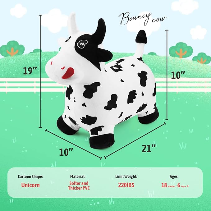 EVERICH TOY Bouncy Horse Cow Toys, Inflatable Bouncing Animal Hopping Toys, Outdoor Indoor Ride on Bouncer, Boys Girls Birthday Gift for 18 Month 2 3 4 5 6 Year Old Kid- Plush Cow Toy-PawvioPets