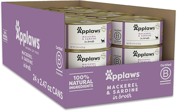 Applaws Natural Wet Cat Food in Broth, Limited Ingredient Canned Wet Cat Food, No Additives, Made with Natural Ingredients, Mackerel & Sardine in Broth (24 x 2.47oz Cans)-PawvioPets