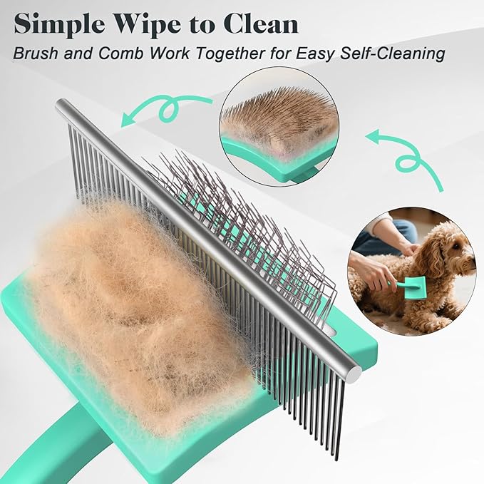 2PCS Slicker Brush for Dogs & Pet Comb,Professional Dog Grooming Brush (Goldendoodles,Poodles,Labradoodles) with Extra Long Pins to Effectively Remove Tangles, Knots and Mats (Cyan)-PawvioPets