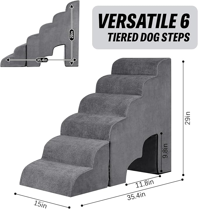 6 Step Dog Stairs&Steps 29 Inches Tall Up to 29-32 Inches High Bed, Dog Ramp Cat Stairs Pet Ladder for Small Medium Dogs, Doggie, Old Cats, Kitty, Grey-PawvioPets